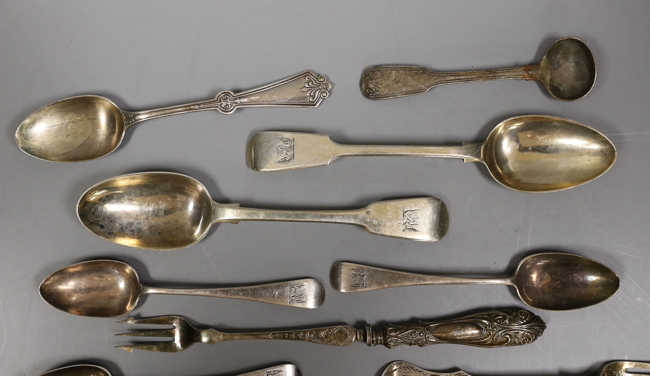 A set of six Victorian provincial silver Old English pattern teaspoons by Josiah Williams & Co, Exeter, 1877 and a small quantity of mainly 19th century silver flatware and a plated teaspoon and pickle fork, weighable si